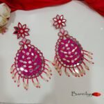 Hand Work Mirror Statement Earrings- Pink