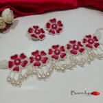 Hand Work Delicate Floral Choker + Earrings- Fuchsia