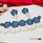 Hand Work Delicate Floral Choker + Earrings- Blue