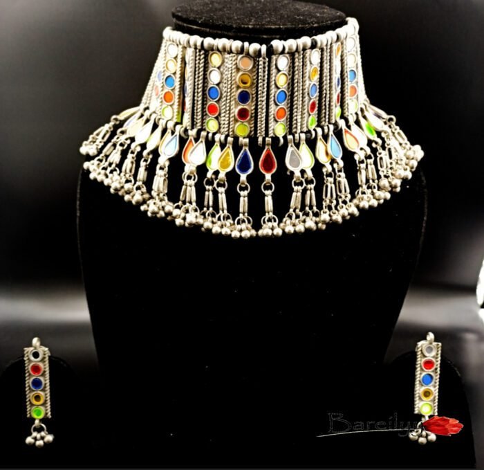 Statement Mirror Choker+ Earrings- Multi - Image 1