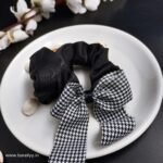 Satin Bow Scrunchies Houndstooth- Black